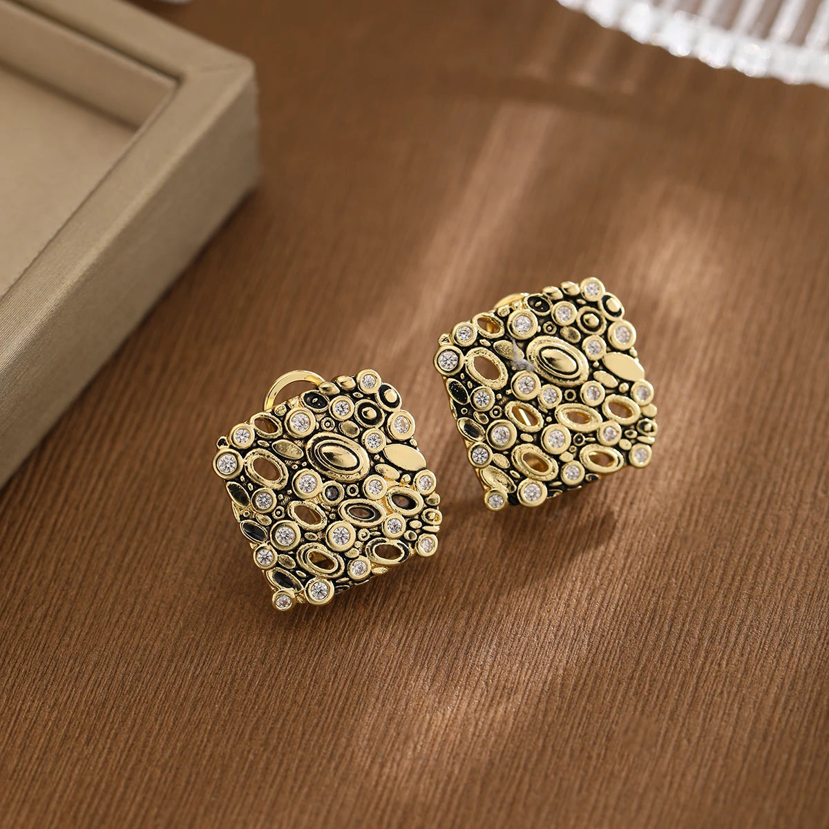 Vintage Square Synthetic Gemstone Earrings for Women, Copper Finish - Formal & Casual