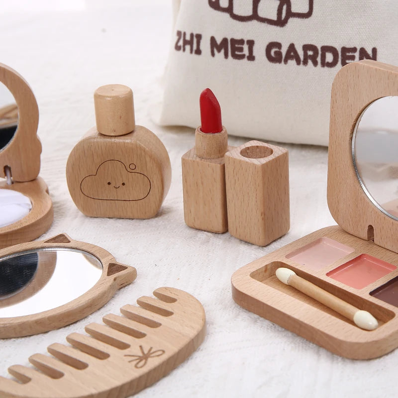 Kids' Pretend Makeup Toy Wooden Dress-Up Vanity Set with Makeup Bag for Girls