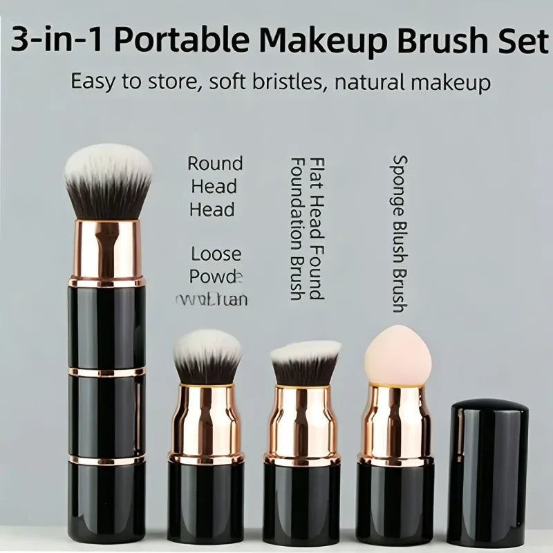 3-in-1 Portable Makeup Brush Set with Detachable Sponge & Dust Cover