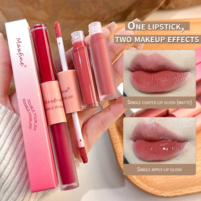 Double End Lip Gloss with Mirror & Velvet Matte Finish - Long Lasting Moisturizing Lip Makeup