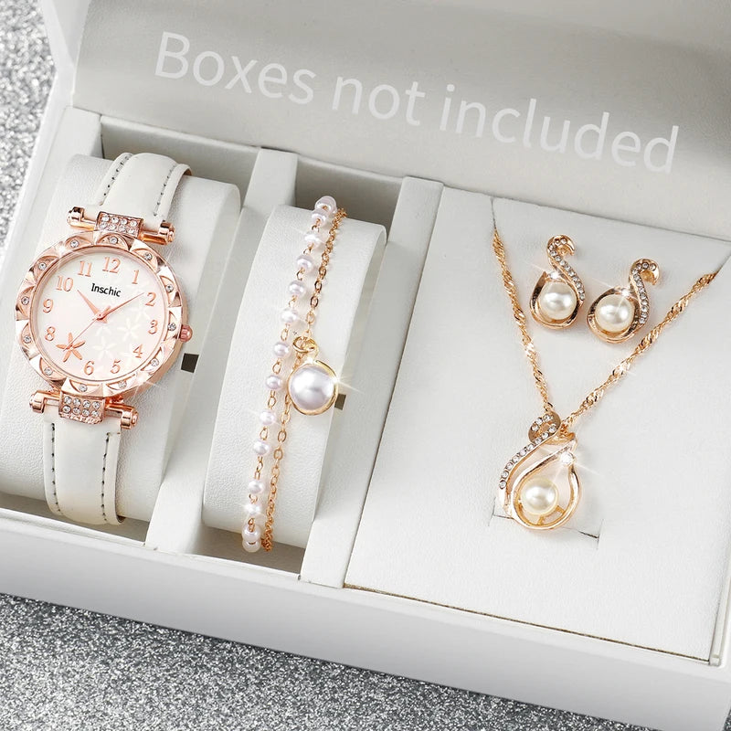 Fashion Women’s Quartz Watch Set with Leather Band and Rhinestones – Multiple Colors