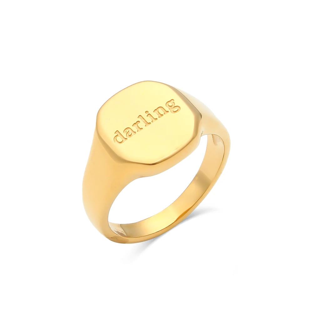 Minimalist Letter Word Silver Stainless Steel Ring for Women - Water Resistant, Gold Plated