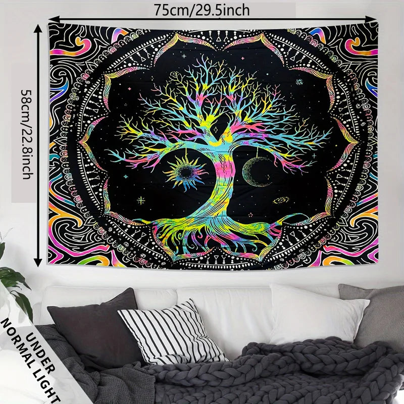 Tree of Life Tapestry Wall Hanging with Sun Moon Stars Galaxy Design - Psychedelic Bedroom Decor