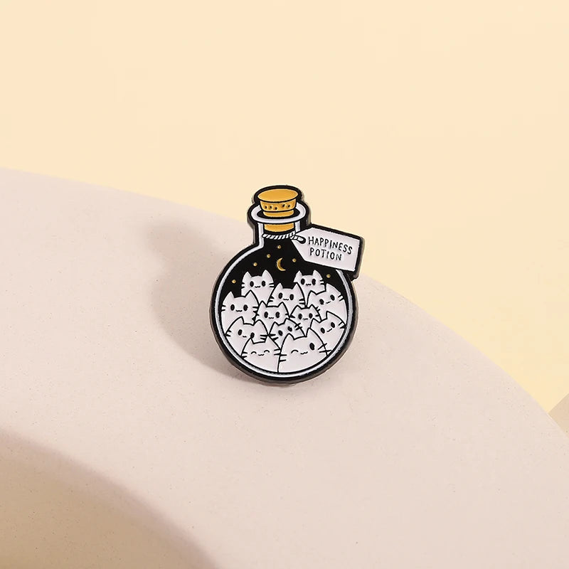 Cartoon Cat Happiness Potion Enamel Lapel Pin for Cat Enthusiasts Gift Jewelry