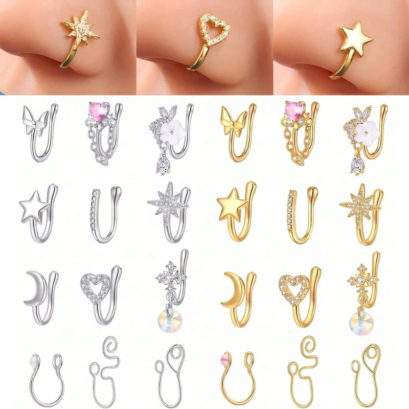 Women’s Fake Nose Ring U-Shaped Dangle Style Zirconia Nose Stud Gold Stainless Steel