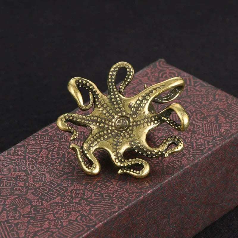 Brass Octopus Figurine - Antique Copper Animal Desk Ornament, Home Decor