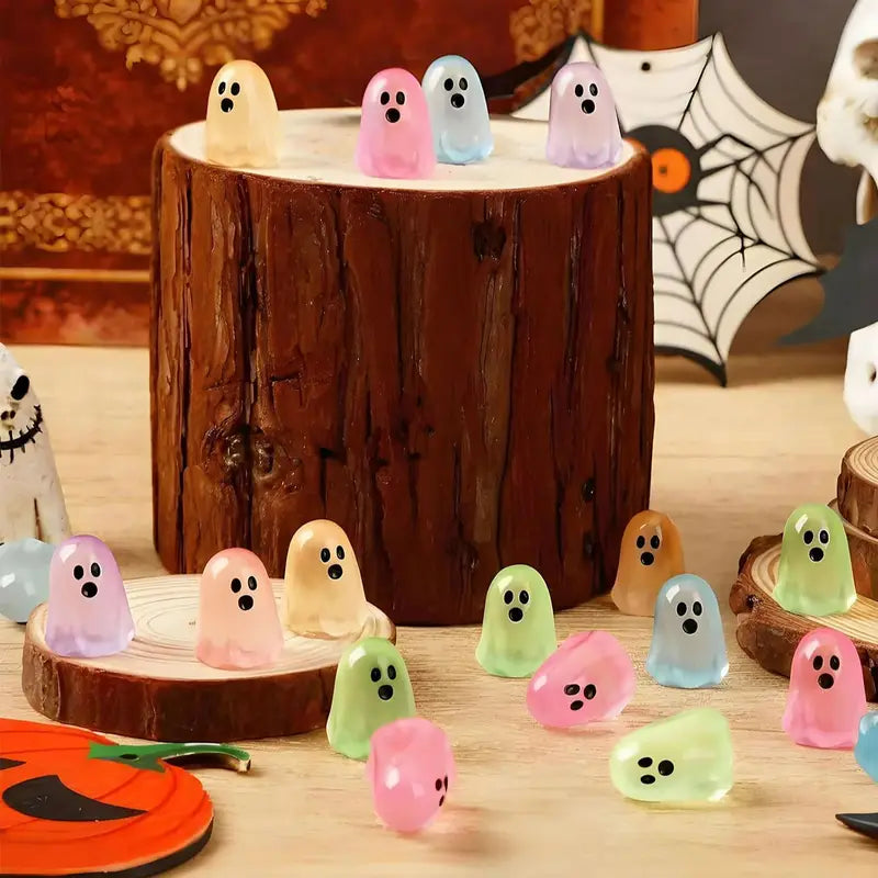 Multicolor Luminous Ghost Miniature Resin Figurines - Halloween Decor Set of 10/20