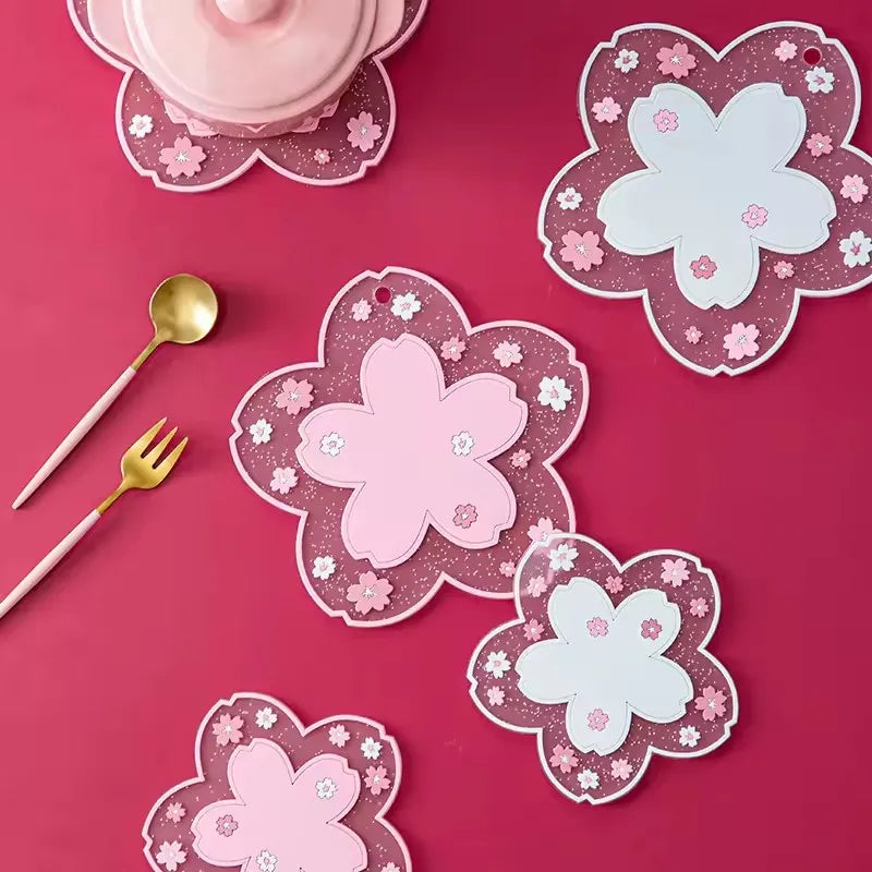Cherry Blossom Silicone Coasters Set - Anti-Slip Kitchen Table Mat with Various Colors