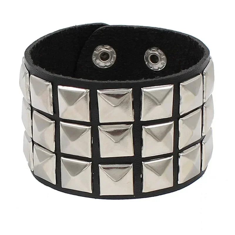 Men's Punk Leather Cuff Bracelet with Metal Rivets and Charms - Gothic Wristband