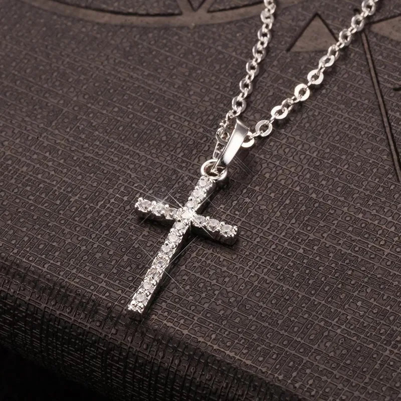 Long Chain Rhinestone Cross Necklace for Women & Men - Silver or Gold