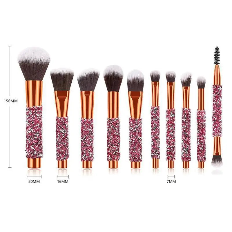 Diamond Studded Makeup Brush Set with Travel Bag - 10 Professional Cosmetic Tools