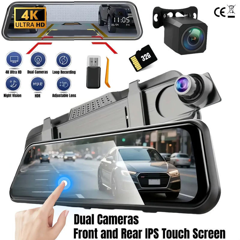 UHD 4K Dual Lens Car Dash Cam with Mirror Display 9.66 Inch IPS Screen and 32GB Card