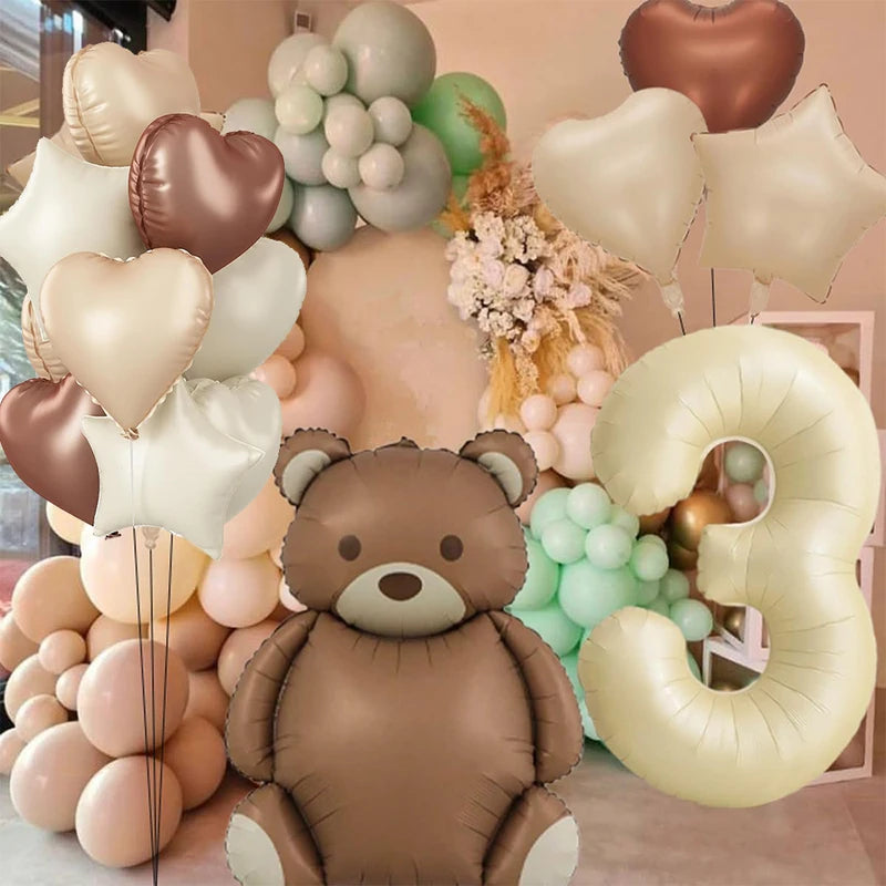 Inflatable Brown Bear Foil Balloon with Cream Number for Baby Shower Birthday Party