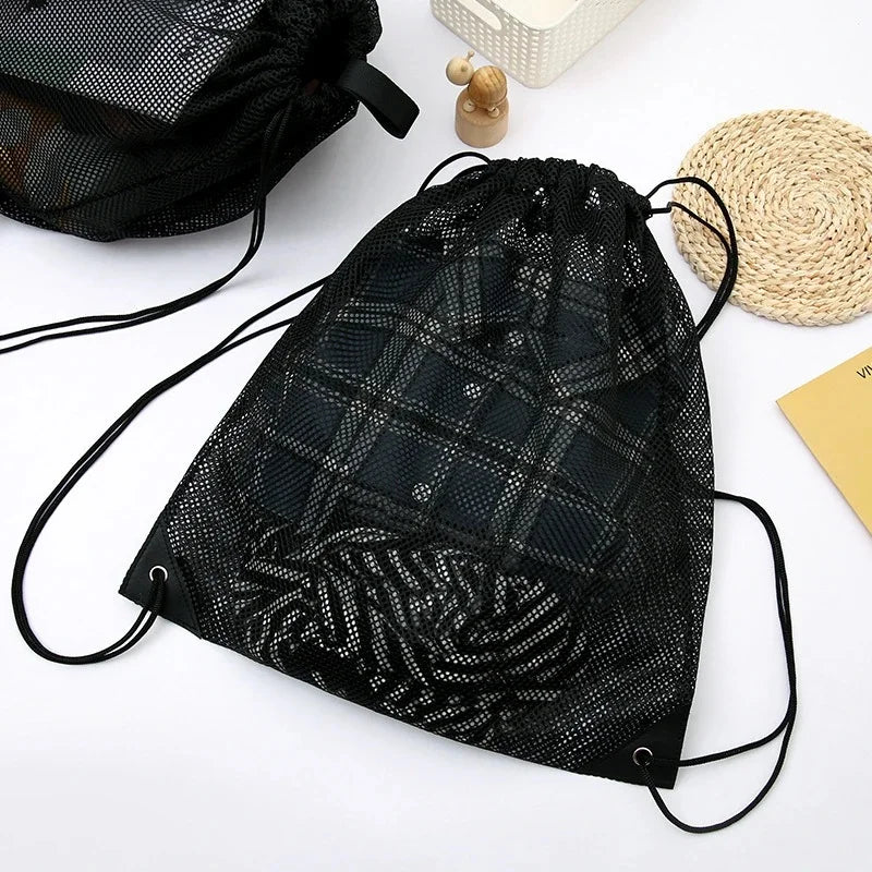 Heavy Duty Mesh Drawstring Bag for Sports, Gym & Travel - Black