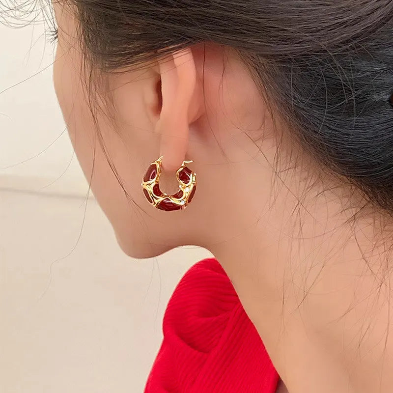 Vintage Enamel Metal Texture Hoop Earrings for Women Gold Plated Statement Jewelry