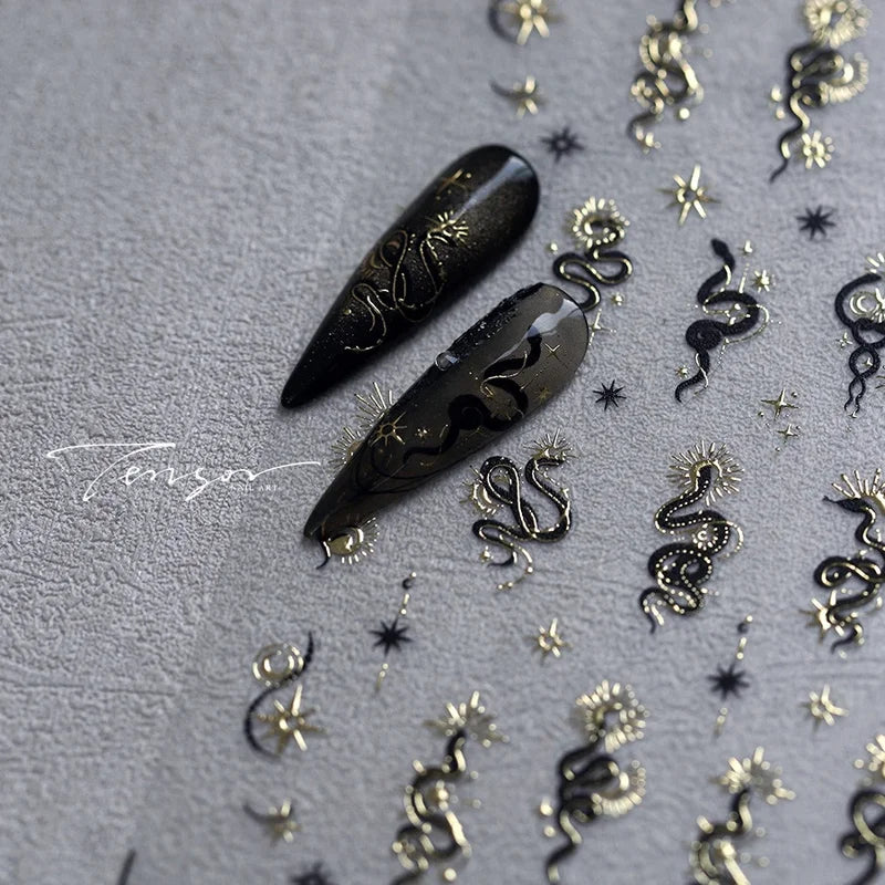 Gold Stamped Silver Sun Stars Snake Nail Art Stickers - Self-Adhesive Manicure Decals