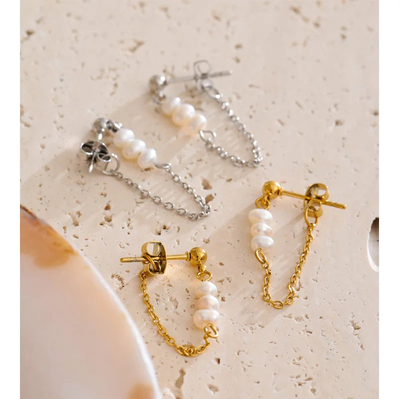 Women’s Stainless Steel Pearl Chain Drop Earrings with Tassel
