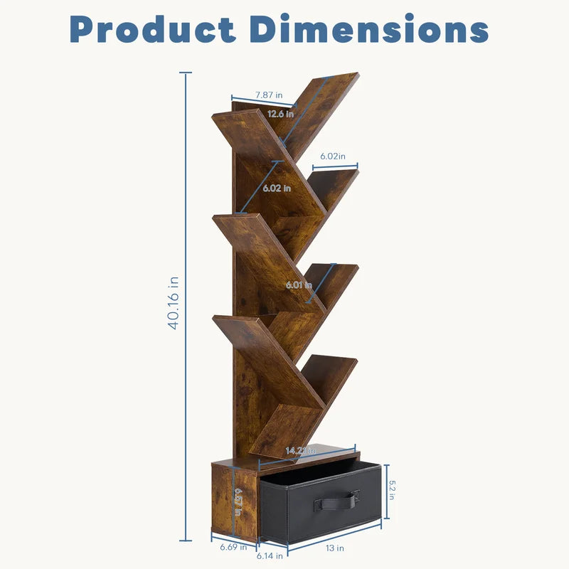 Geometric Wooden Book Rack - 7-Tier Tree Bookshelf with Drawer for Small Spaces