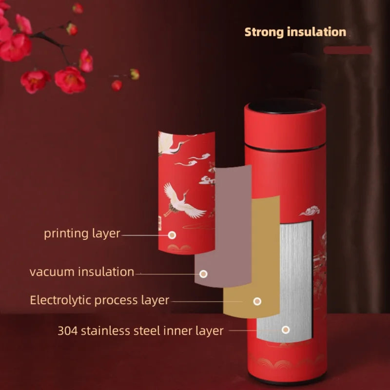 Chinese Style Insulated Water Bottle with Temperature Display - Retro Stainless Steel Flask for Hot & Cold Drinks