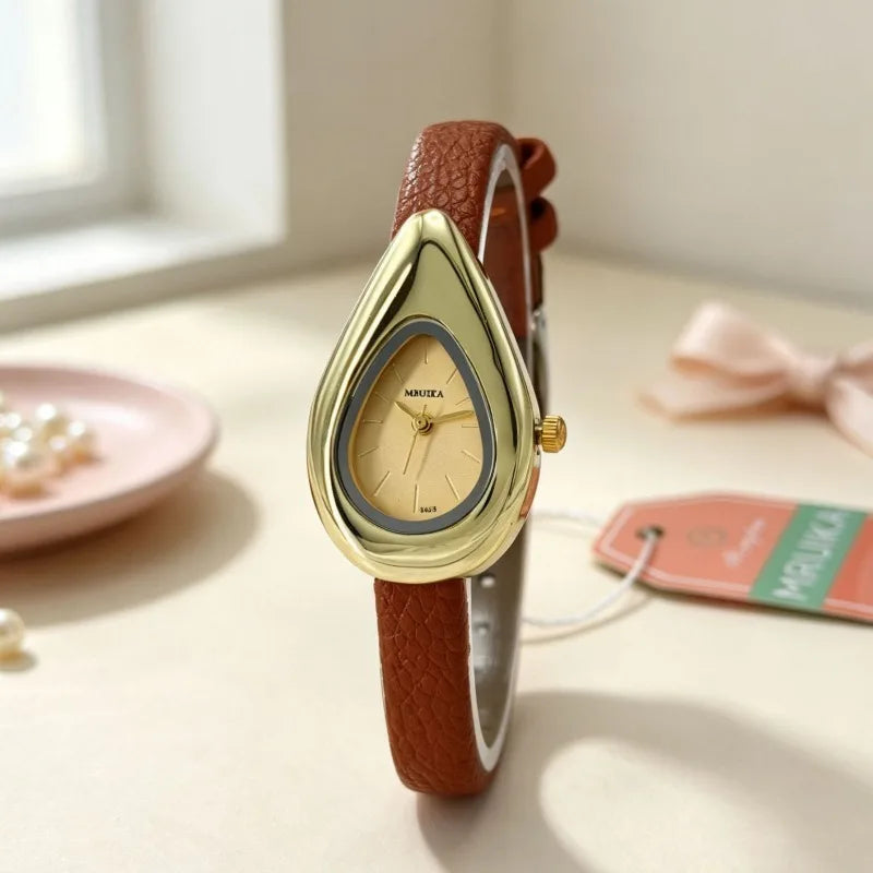 Irregular Water Drop Dial Quartz Watch for Women Retro Leather Strap Dress Watch