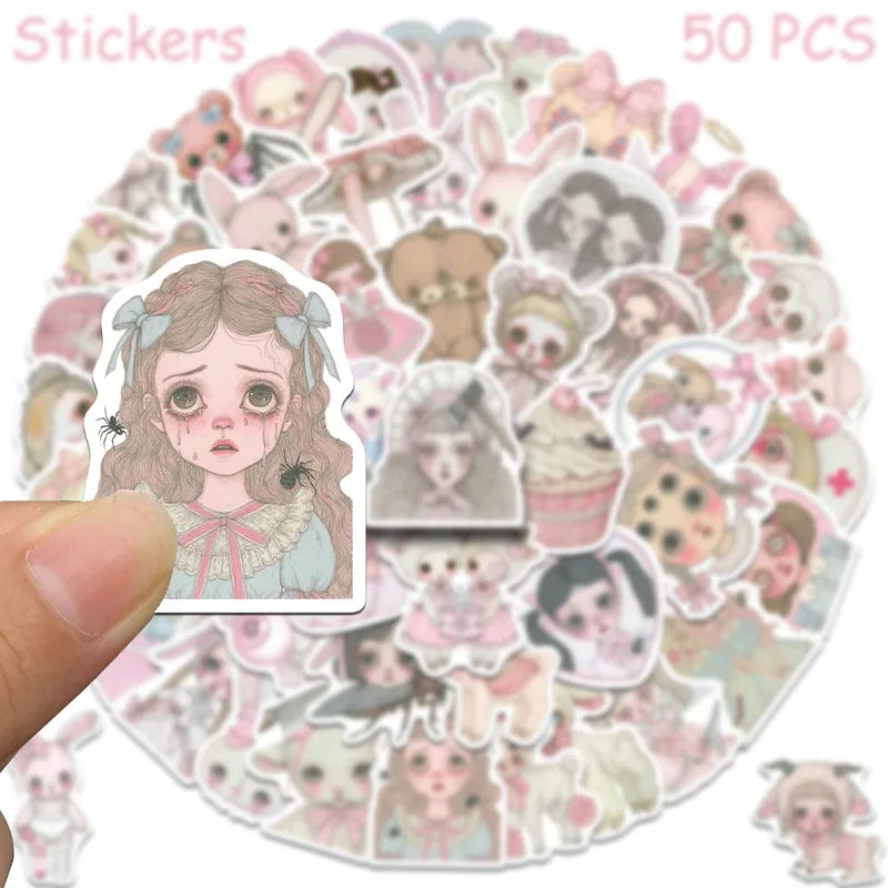 50pcs Pink Creepy Girl Sticker Set Waterproof Vinyl Decals for Laptop Skateboard Suitcase