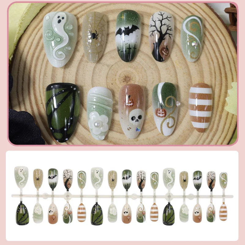 24 Pcs Halloween Ghost & Skull Fake Nails - Green & Brown Press On Nails