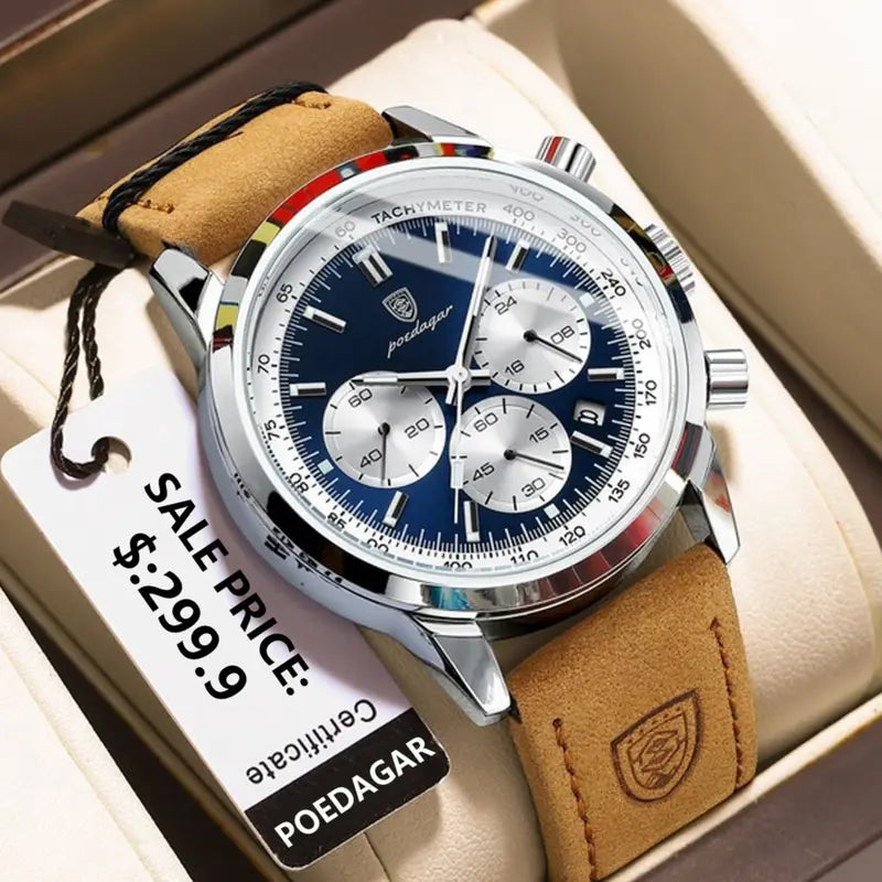Men's Quartz Watch Waterproof Luminous Chronograph Military Leather Watch