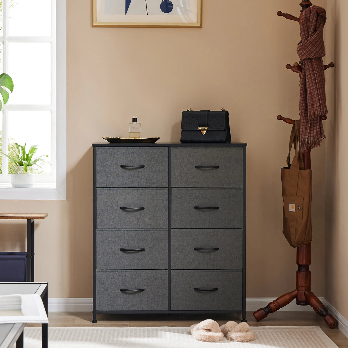 Fabric Drawer Cabinet with Wooden Top and Metal Frame, Multi-Use Storage Chest for Living Room or Bedroom