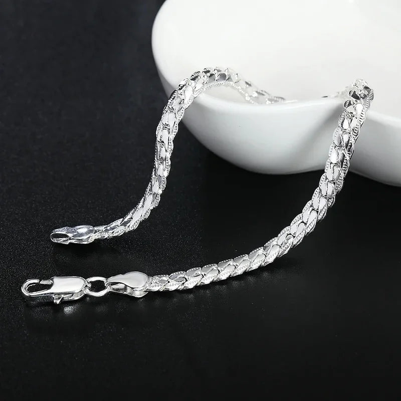 Sterling Silver Bracelet 6mm Flat Chain with Lobster Clasp for Men Women Jewelry
