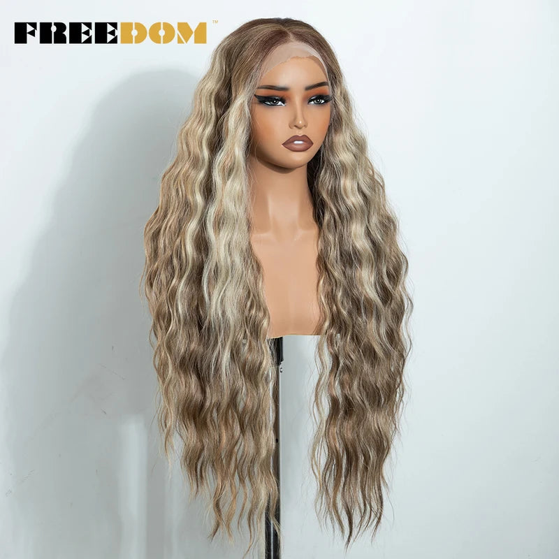Curly Synthetic Lace Front Wig for Women 13x4 Pre-Plucked Glueless 30 Inch Ombre Brown Blonde