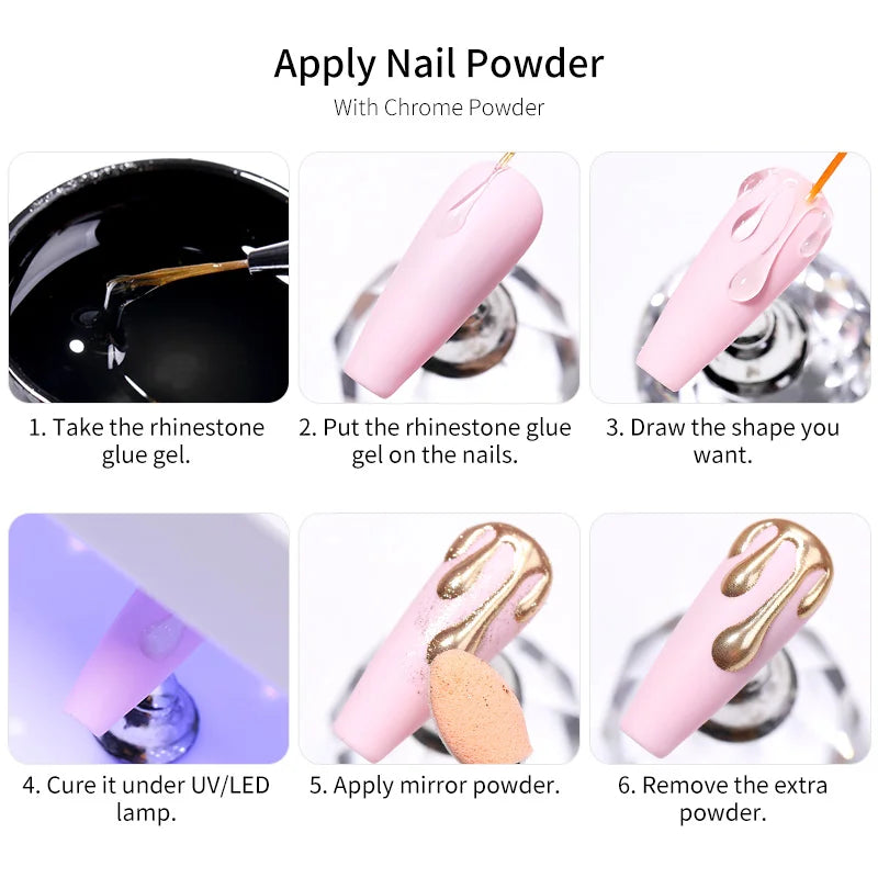 Nail Rhinestone Glue Gel with Mirror Powder and Nail Liner Brush for Nail Art
