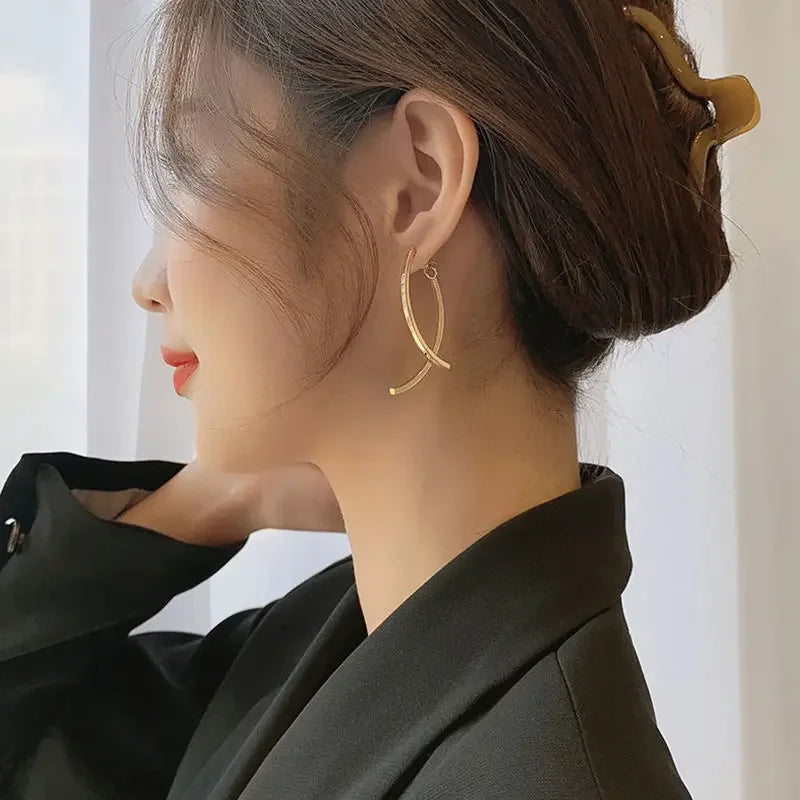 Korean Stylish Cross Arc Long Drop Earrings for Women - Fashion Dangling Jewelry
