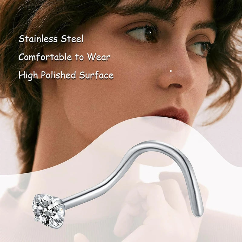 8 Pcs Nose Studs Set - CZ Zircon Gold & Silver Stainless Steel Body Jewelry for Women & Girls 20G