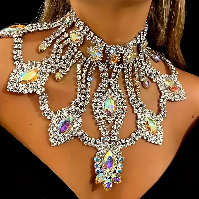 Exaggerated AB Crystal Pendant Necklace Bridal Wedding Party Jewelry