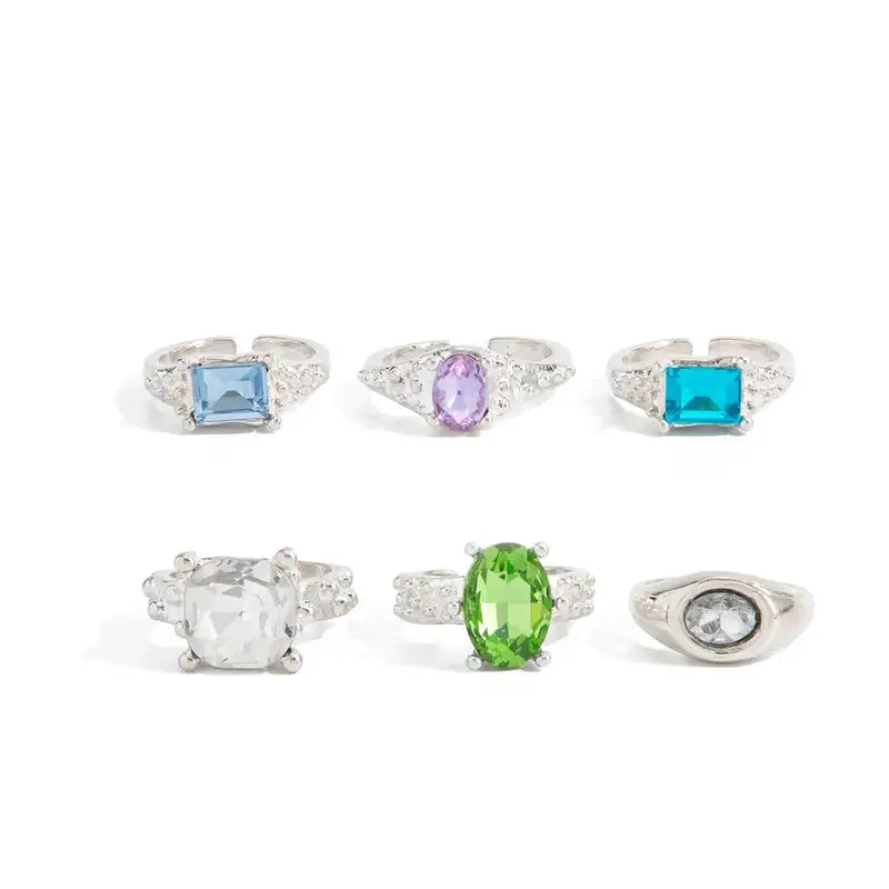 6-Piece Acrylic Rhinestone Adjustable Open Stackable Finger Rings for Women