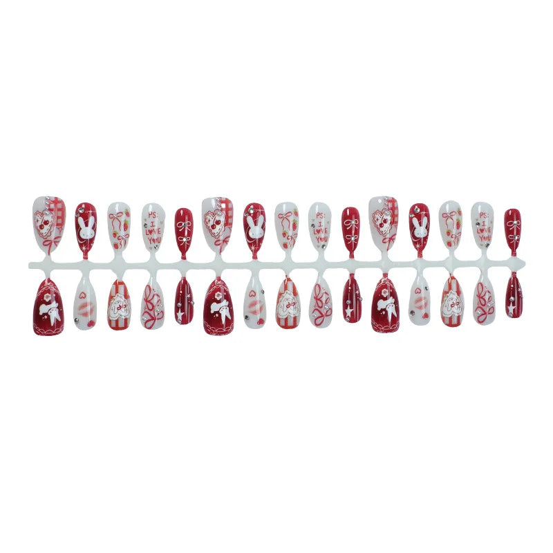24Pcs Bow Cartoon Rabbit Press-On Nails - Full Cover Almond Fake Manicure Set
