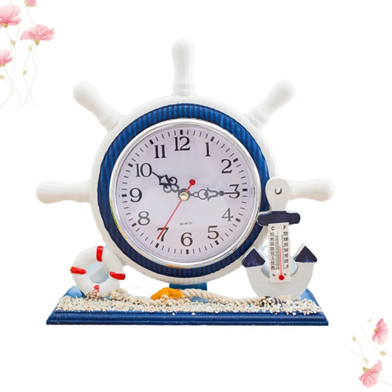 Nautical Style Rudder Shape Desk Clock with Thermometer - Silent Ocean Decor