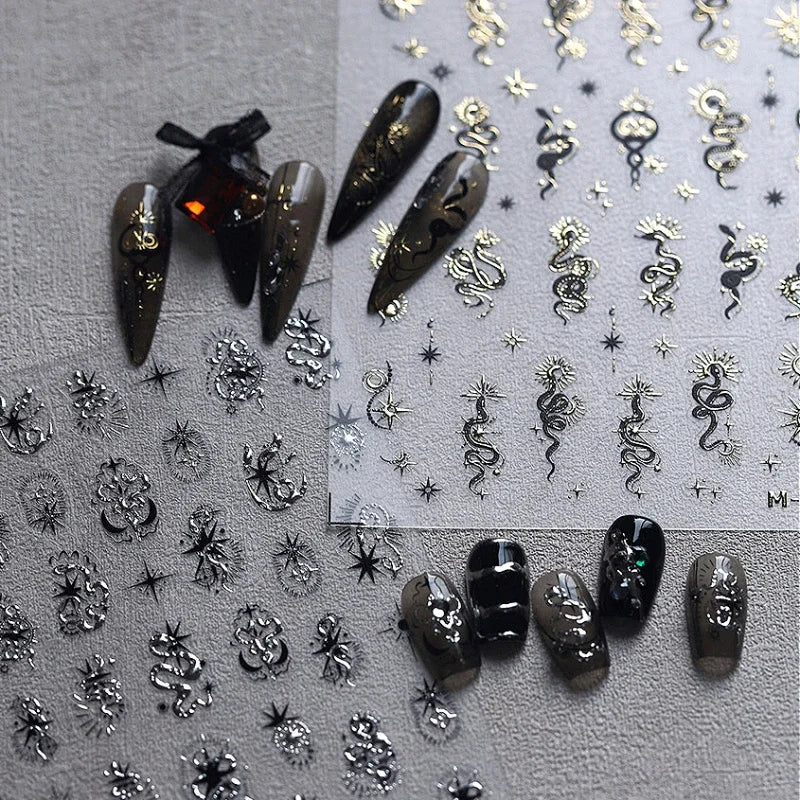 Gold Stamped Silver Sun Stars Snake Nail Art Stickers - Self-Adhesive Manicure Decals