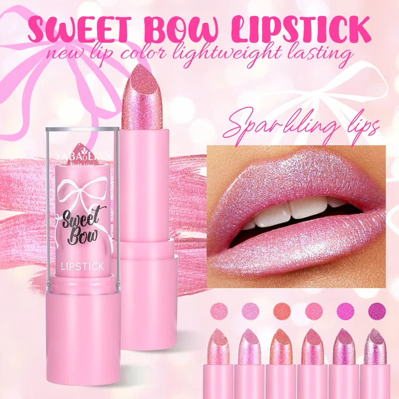 Sparkling Bow Lipstick Set - 6 Glitter Shades, Long-Lasting & Moisturizing
