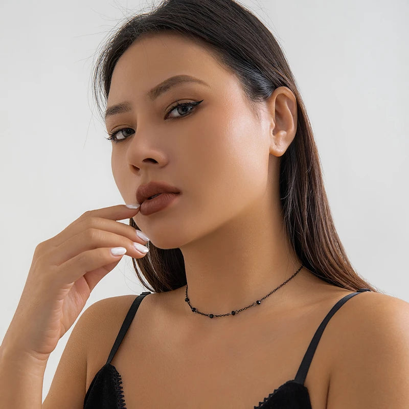 Minimalist Crystal Beads Necklace for Women Black Link Chain Choker Jewelry