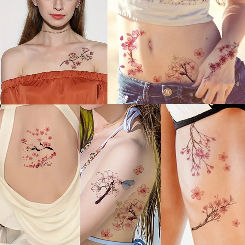 Waterproof Sakura Flower Tattoo Stickers for Body & Arm Art - 12 Sheets