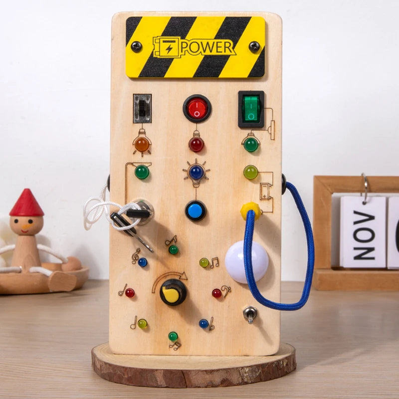 Wooden Sensory Busy Board with LED Light Switch for Children 2-4 Years