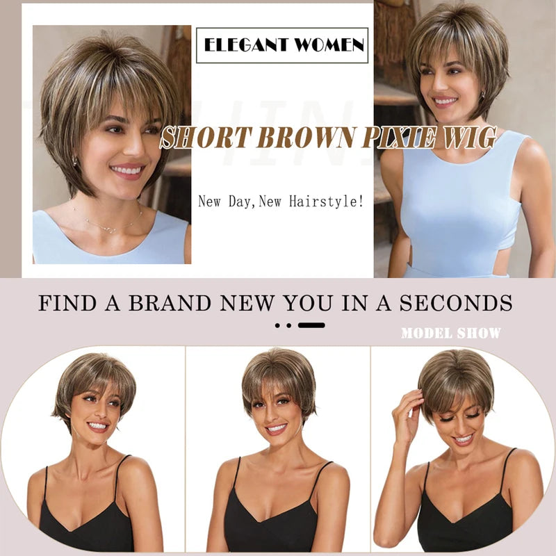 Brown Short Layered Pixie Wig for White Women Blonde Highlights Synthetic Hair