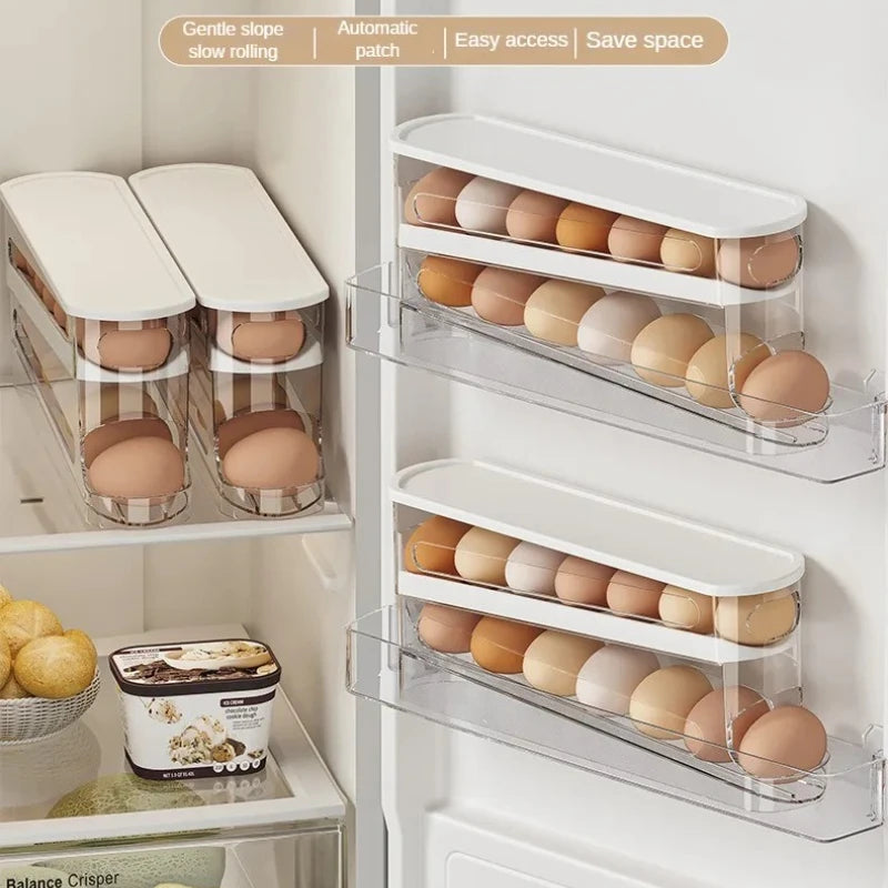 Double Layer Egg Storage Box with Automatic Rolling Dispenser Refrigerator Egg Organizer