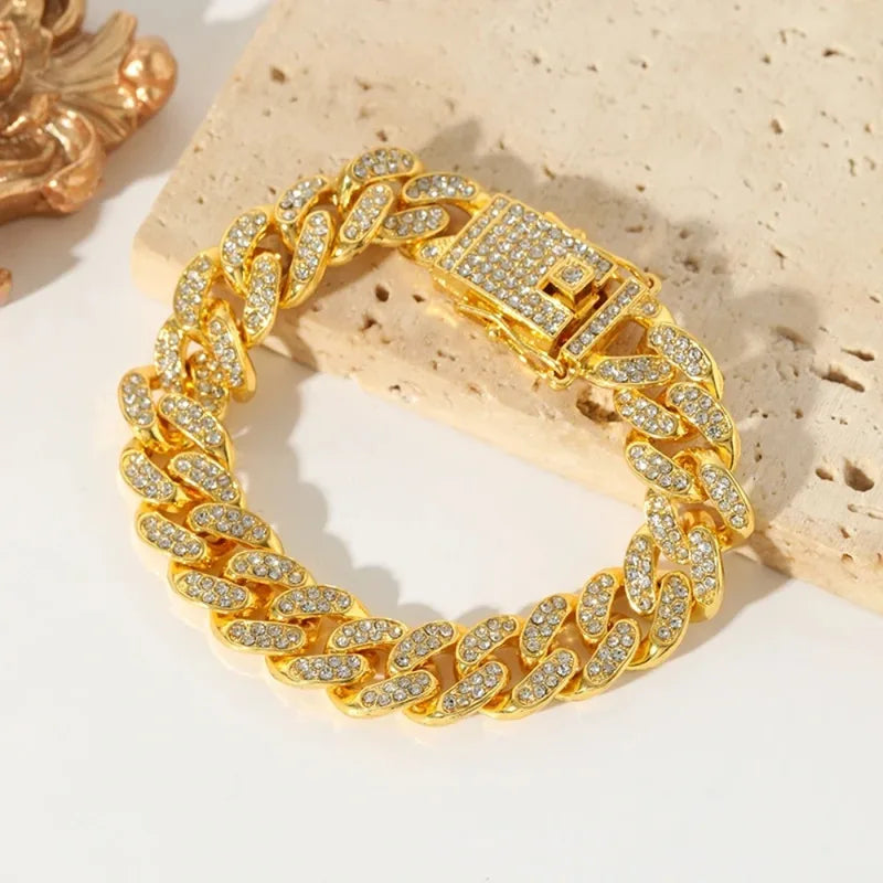Men's Gold Chain Bracelet with Clear Crystal Stones - Hip Hop Miami Link Style