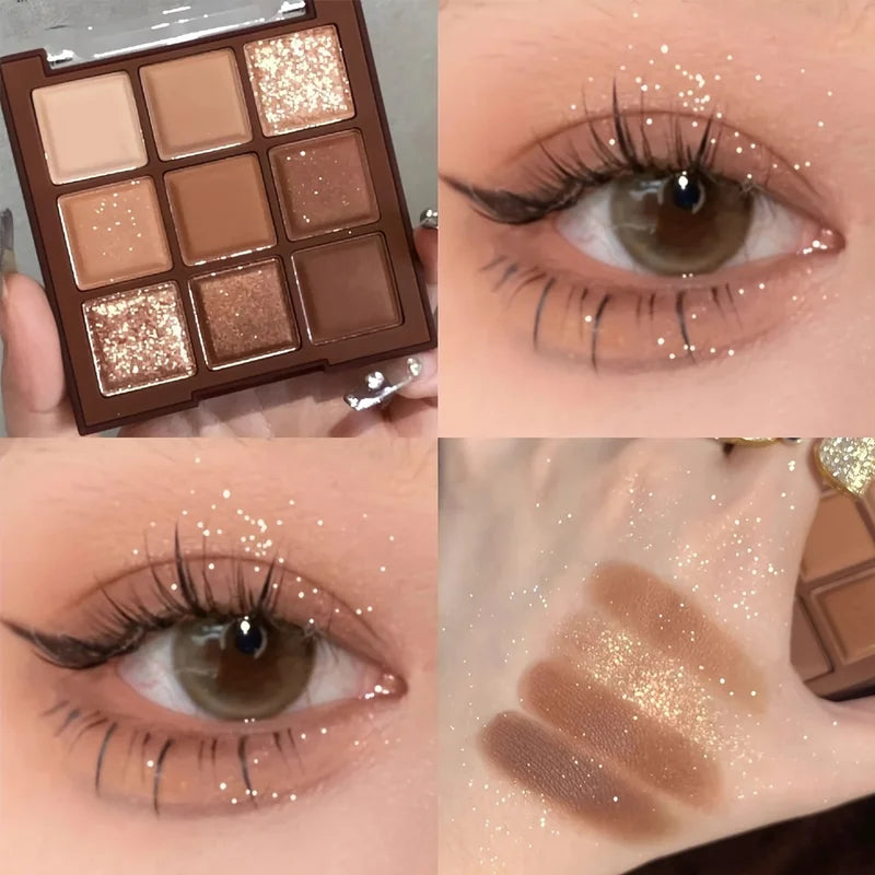 9-Color Mocha Chocolate Eyeshadow Palette with Matte, Pearly & Glitter Finishes
