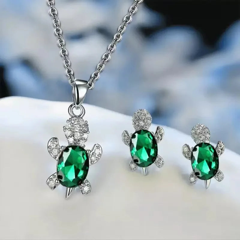 Luxury Turtle-Shaped Multi-Color Glass Diamond Women's Necklace Pendant & Earrings Set