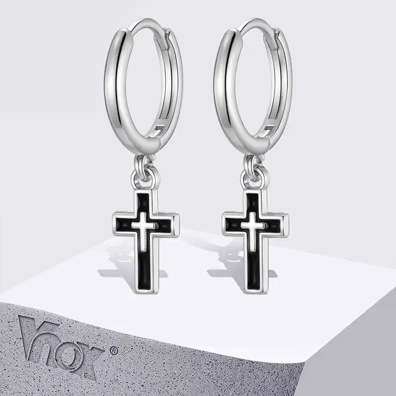 Silver Cross Hoop Earrings for Men Boys - Dangle Drop Jewelry Gift