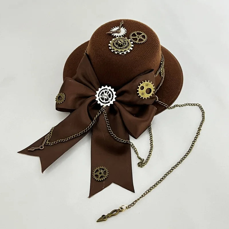 Gothic Mini Top Hat Hair Accessory with Gears Feather Flower for Cosplay & Costume