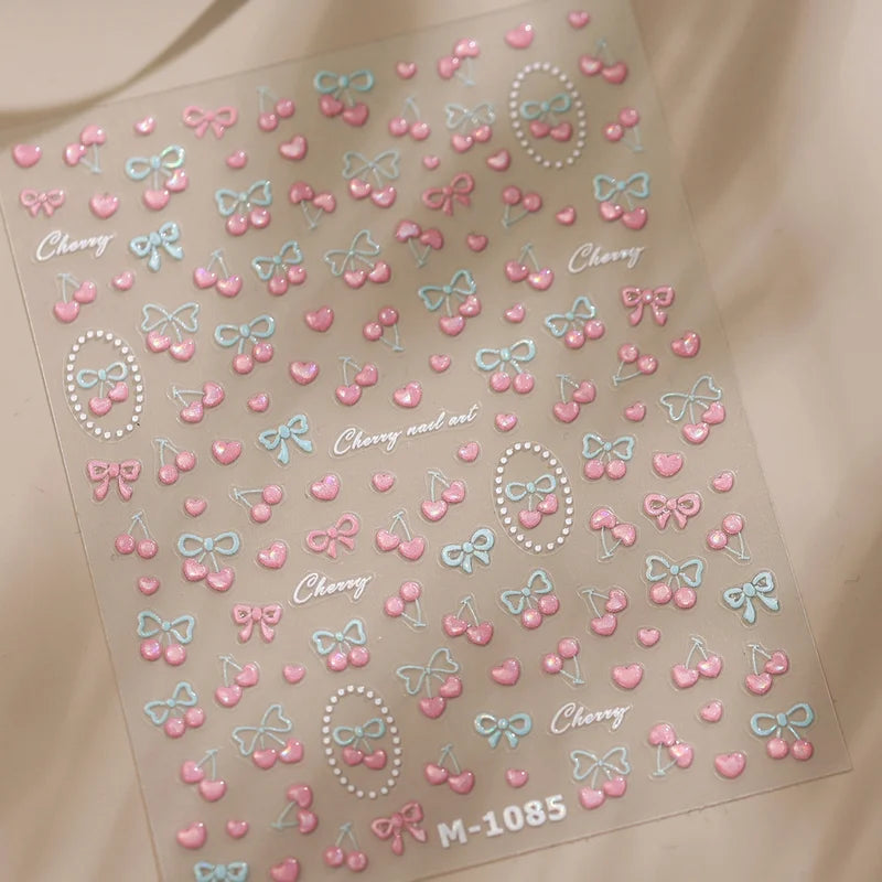 Pink Blue Cherry Bow Nail Art Sticker Set - 5D Self-Adhesive Decals for Manicure